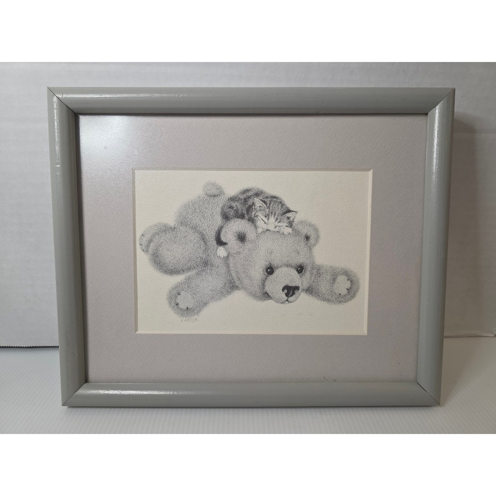 V Miller Framed Teddy Bear and Kitten Art Print Grey Excellent Detailed